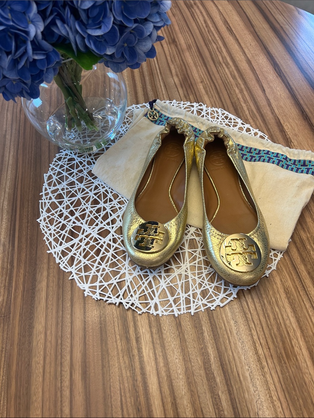 Tory Burch Metallic Gold Logo Ballet Flats